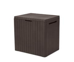 Keter City front view showing brown wood-panelled exterior and compact design for space saving