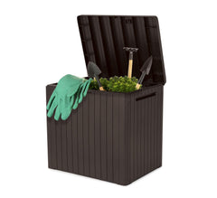Keter City lid closeup highlighting durable hinge and lock-ready feature for secure storage