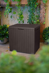 Keter City open storage inside showing 113 L capacity with cushions and tools neatly organized