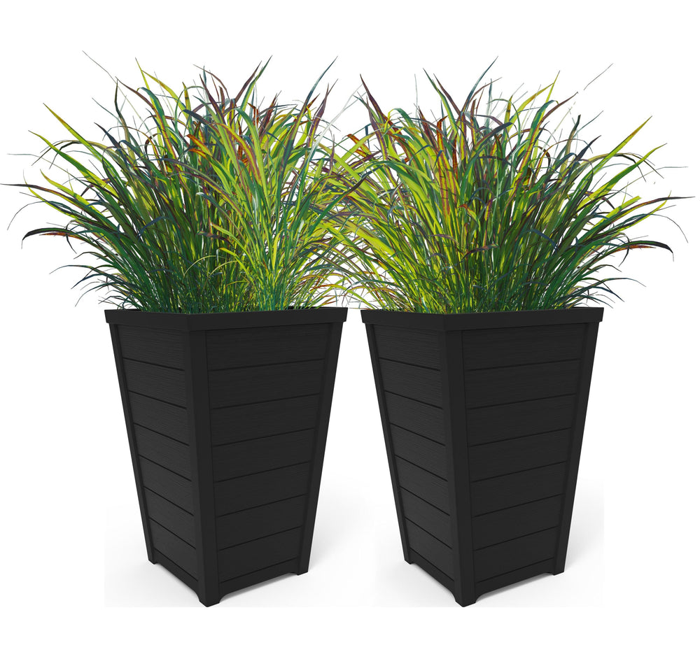 Keter graphite front view showing tall tapered planter and clean lines for modern styling