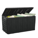 Keter Marvel Plus front view showing dark grey weatherproof storage and decorative panels