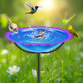 KHayRovies front view of blue purple bird bath showing colorful garden appeal