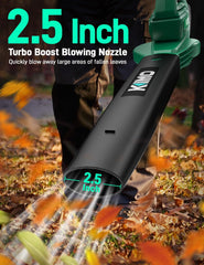 KIMO blower in use clearing leaves on lawn, demonstrating cordless mobility benefit