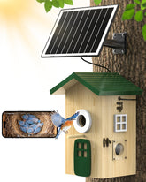 KinetCam front view showing wooden birdhouse and camera lens, enhances backyard monitoring