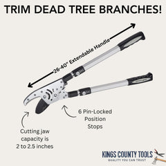 Kings County Tools loppers extended in use demonstrating extra reach for high branches