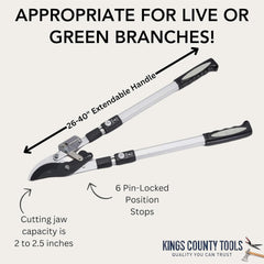 Kings County Tools handle lock detail showing pin stops for secure telescoping