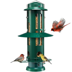 Kingsyard front view of feeder showing durable metal design and ports, attracts birds