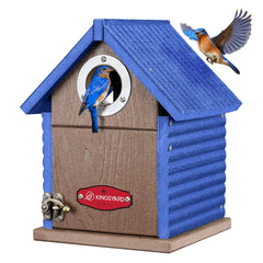 Kingsyard front-facing bluebird house showing durable recycled plastic and weatherproof benefit