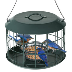 Kingsyard front-profile hanging feeder showing durable metal and bowl benefit