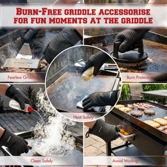 Kitchen Perfection gloves in use flipping burger on griddle for safer handling