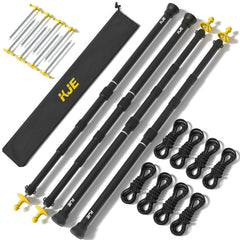 KJE front view of four poles with stakes and bag showing complete kit benefit