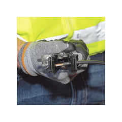 Klein Tools cable cutter close-up cutting PV cable cleanly for precise conductor length