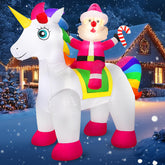 Koncifun front view of Santa riding a unicorn inflatable showing festive detail and curb appeal