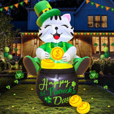 KOOY front view of inflatable cat on gold pot showing festive curb appeal
