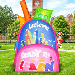 KOOY front view of lit inflatable schoolbag showing vibrant school design and curb appeal