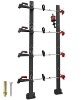 Koutemie front view of mounted rack securing four trimmers for organized transport