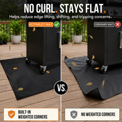 koymiley mat placed under grill protecting patio from grease and heat