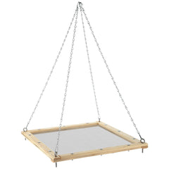 Kritkin front view hanging seed catcher showing full wooden tray and natural finish, neat feeding
