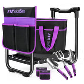 KVR garden stool front view showing compact foldable bench and tote benefit