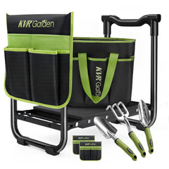 KVR garden stool front view showing foldable bench and green finish for comfortable gardening