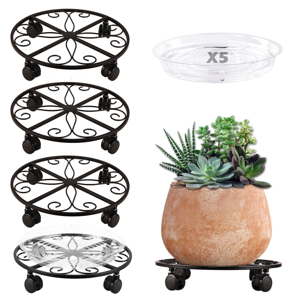 KvyusFlourish front pack shot showing five plant dollies and benefits of space-saving mobility