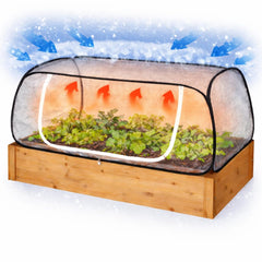 KYRGEU front view showing full raised bed cover protecting plants and extending season