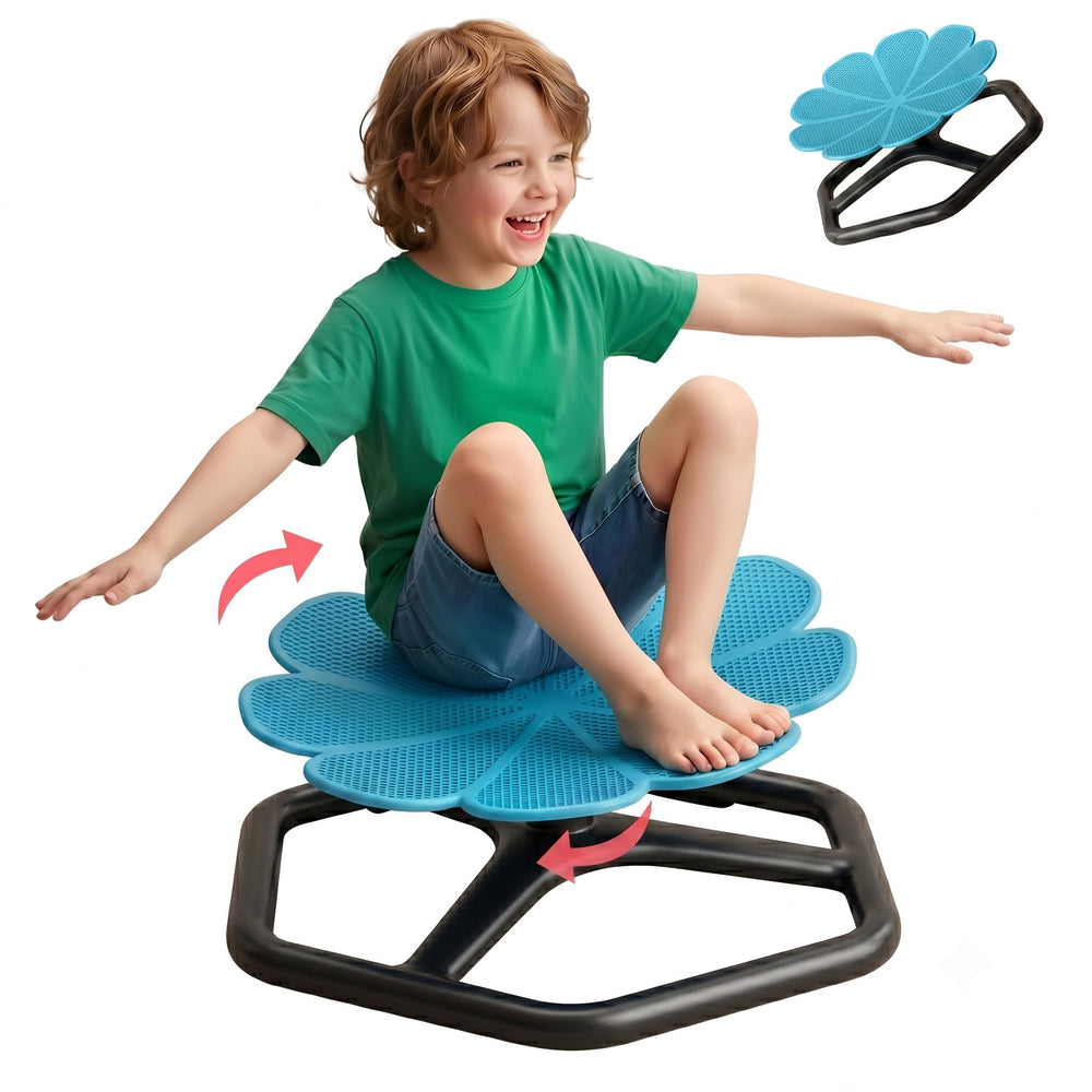 KYZDZQ front view of blue spinning chair showing flower seat and stability benefits