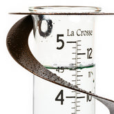 La Crosse helix rain gauge front view shows sculptural stand and readable tube benefit