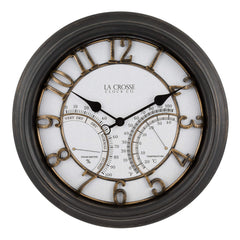 La Crosse Technology courtyard clock front view showing clear numerals and hands for easy reading