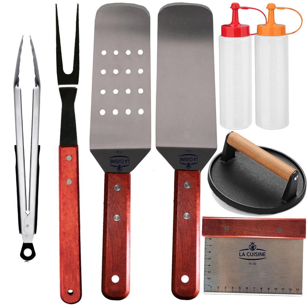 La Cuisine for life front view of complete 8-piece griddle kit showing all tools and benefits