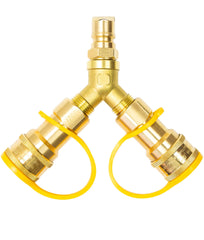LAMUDO Y splitter front view showing brass body and dual outlets for reliable splitting