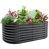 Land Guard front view of dark gray galvanized raised bed showing full planter and size benefit