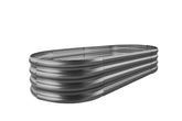 Land Guard front view of oval galvanized raised bed showing neat planting area and durability