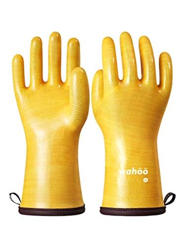 LANON Protection front view of yellow Wahoo silicone oven mitts showing full glove benefits