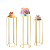 Latywen front view of three gold pedestal stands showing tiered display benefit
