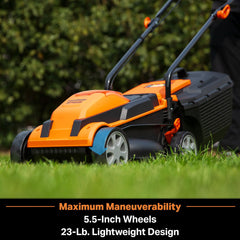 LawnMaster handle controls close-up showing one-touch height lever and safety features for quick adjustments