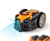 LawnMaster OcuMow front view showing compact mower and tidy cut benefit