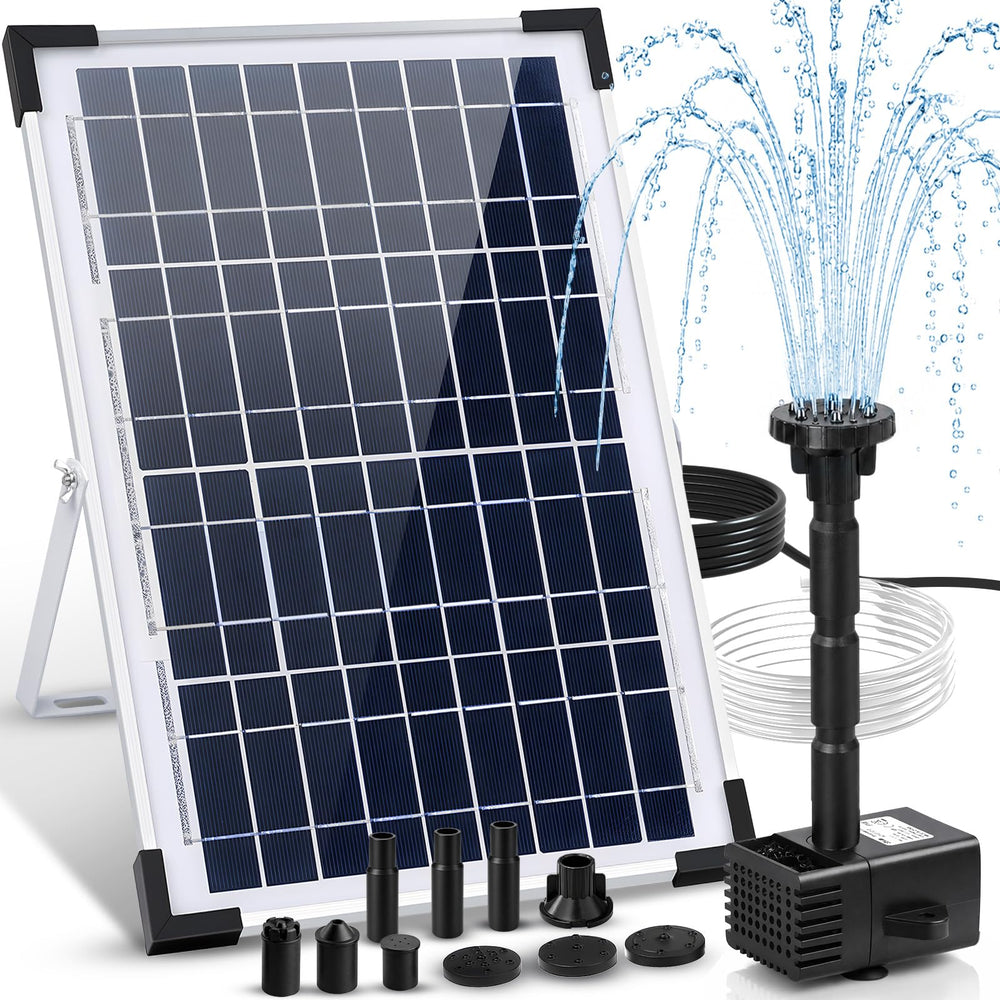 LAWOHO front view of solar fountain pump showing compact design and garden benefit