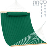 Lazy Daze front view showing green hammock and spreader bar for easy setup