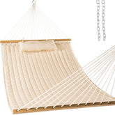 Lazy Daze front view of linen quilted double hammock showing roomy bed and color