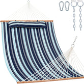 Lazy Daze front view of double quilted hammock showing roomy bed and spreader bar comfort
