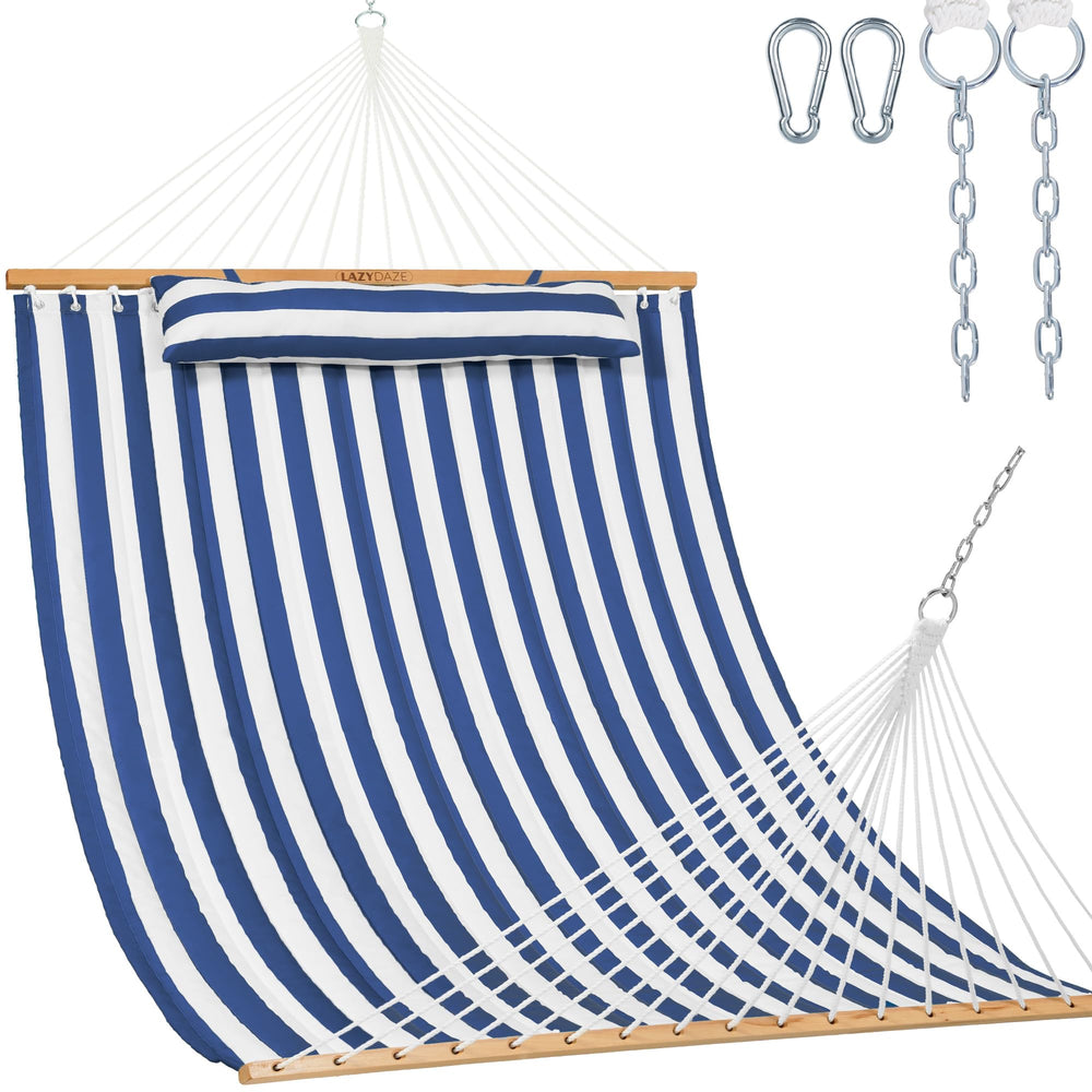 Lazy Daze front view showing blue white hammock and included hardware for easy setup