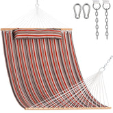 Lazy Daze front view of red-brown hammock showing full bed and spreader bar benefit comfort