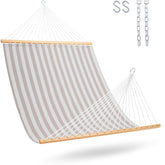 Lazy Daze front view of double Textilene hammock showing open bed and spreader bar benefit