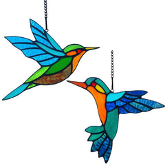 Lcensp front view of two hummingbird suncatchers showing vibrant colors and paired design benefit