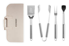 Le Creuset front view of five-piece set showing case and tools, organized for easy transport