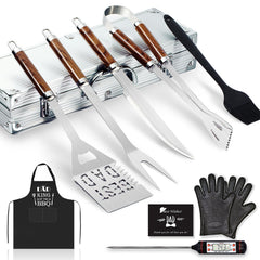 LeadEdge front view showing aluminum case and all 11 grill tools, gift-ready presentation