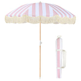 lefedrasticity front view pink stripe umbrella, shows full canopy and shade benefit