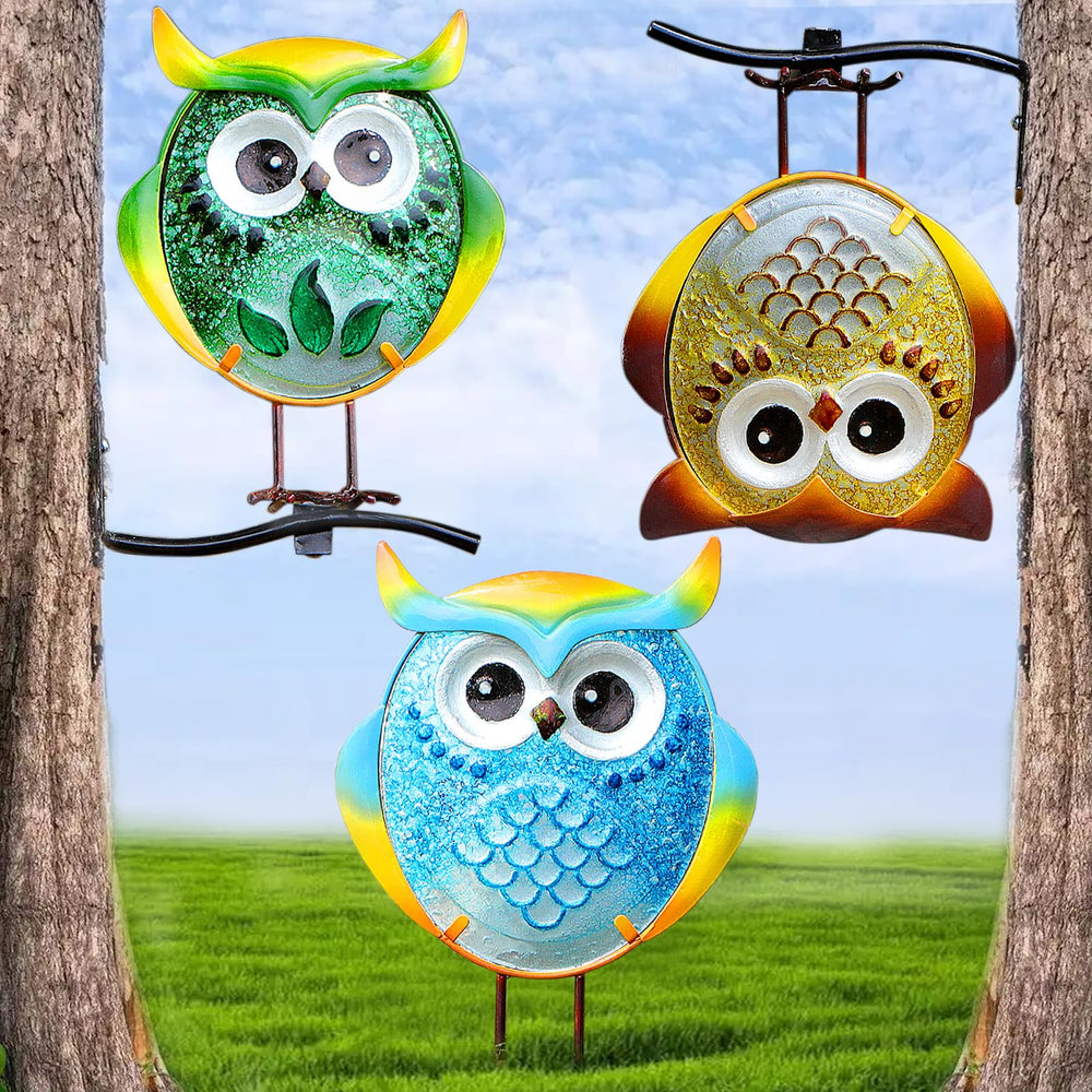 LEGIFO owl set front view shows three colorful glass owls enhancing curb appeal