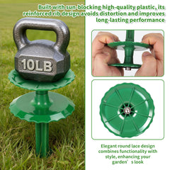 LEMEWEL stakes guiding a hose beside flower bed protecting plants and lawn edges